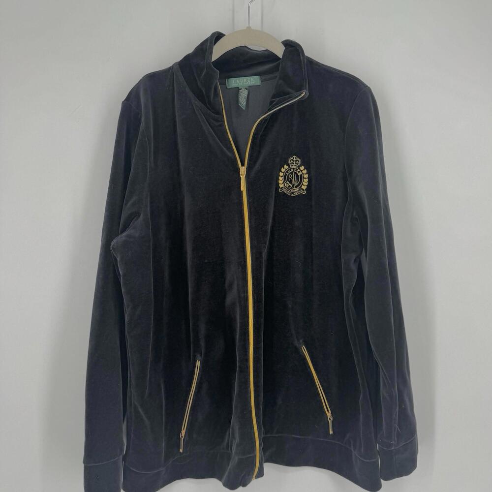 Lauren Ralph Lauren sweatshirt jacket womens 2x black crest velvet velour  prep